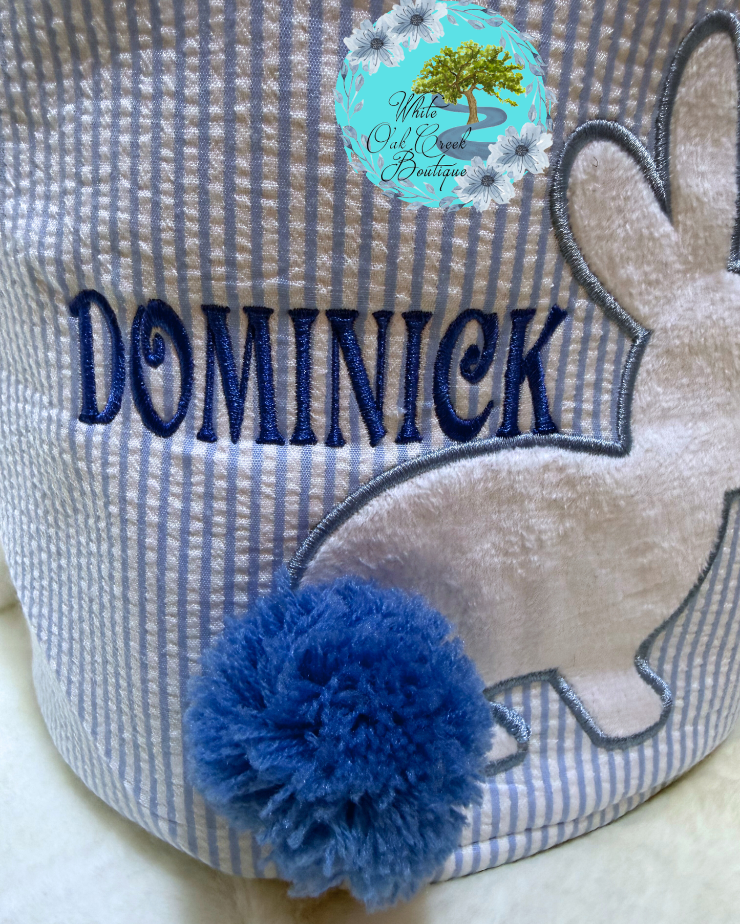 Blue Seersucker Embroidered Easter Basket