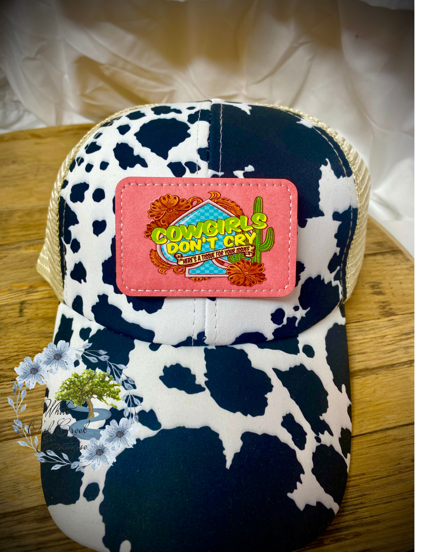 Pucker Up Cowboy White Faux Leather Trucker Hat Patch