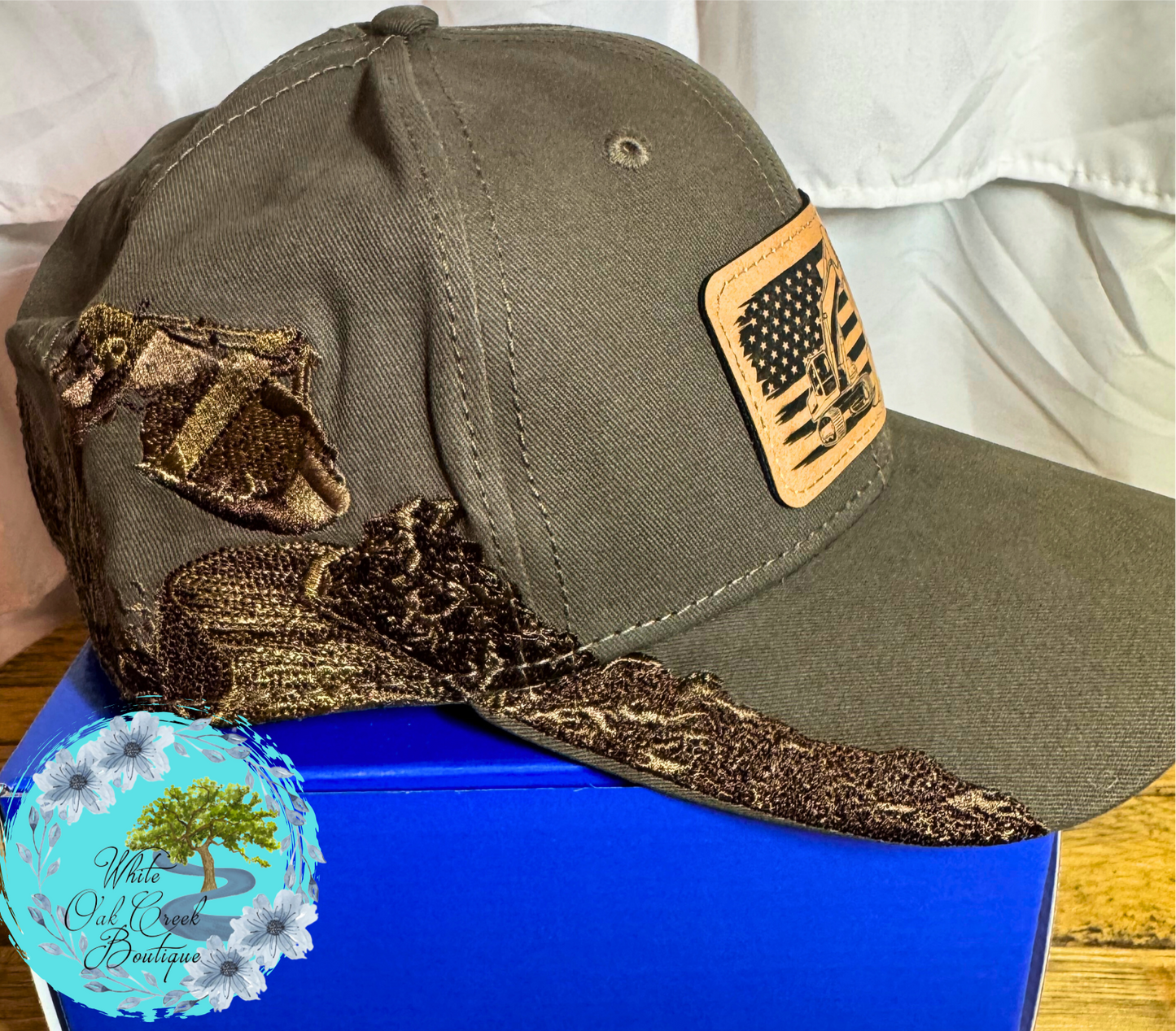 Heavy Equipment Embroidered Lasered Faux Leather Patch Twill Trucker Hat