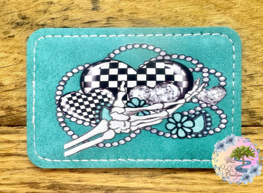 Blue Skeleton Heart Concho Faux Leather Trucker Hat Patch