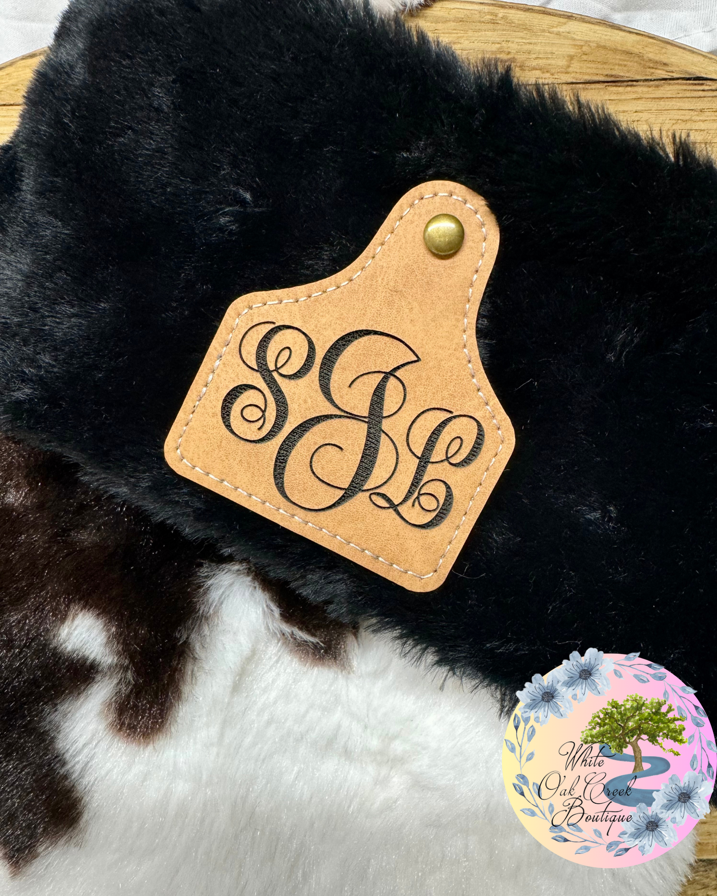 Cow Tag Personalized Sherpa Christmas Stockings Laser Engraved Faux Leather Patch