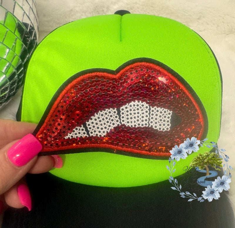 Sequin Red Lips Large Embroidered Hat Patch