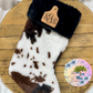 Cow Tag Personalized Sherpa Christmas Stockings Laser Engraved Faux Leather Patch