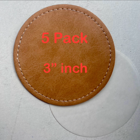 5 Pack Blank Patches ROUND Brown Faux Leather Threaded 3” with adhesive for Trucker Hats Beanies Stockings