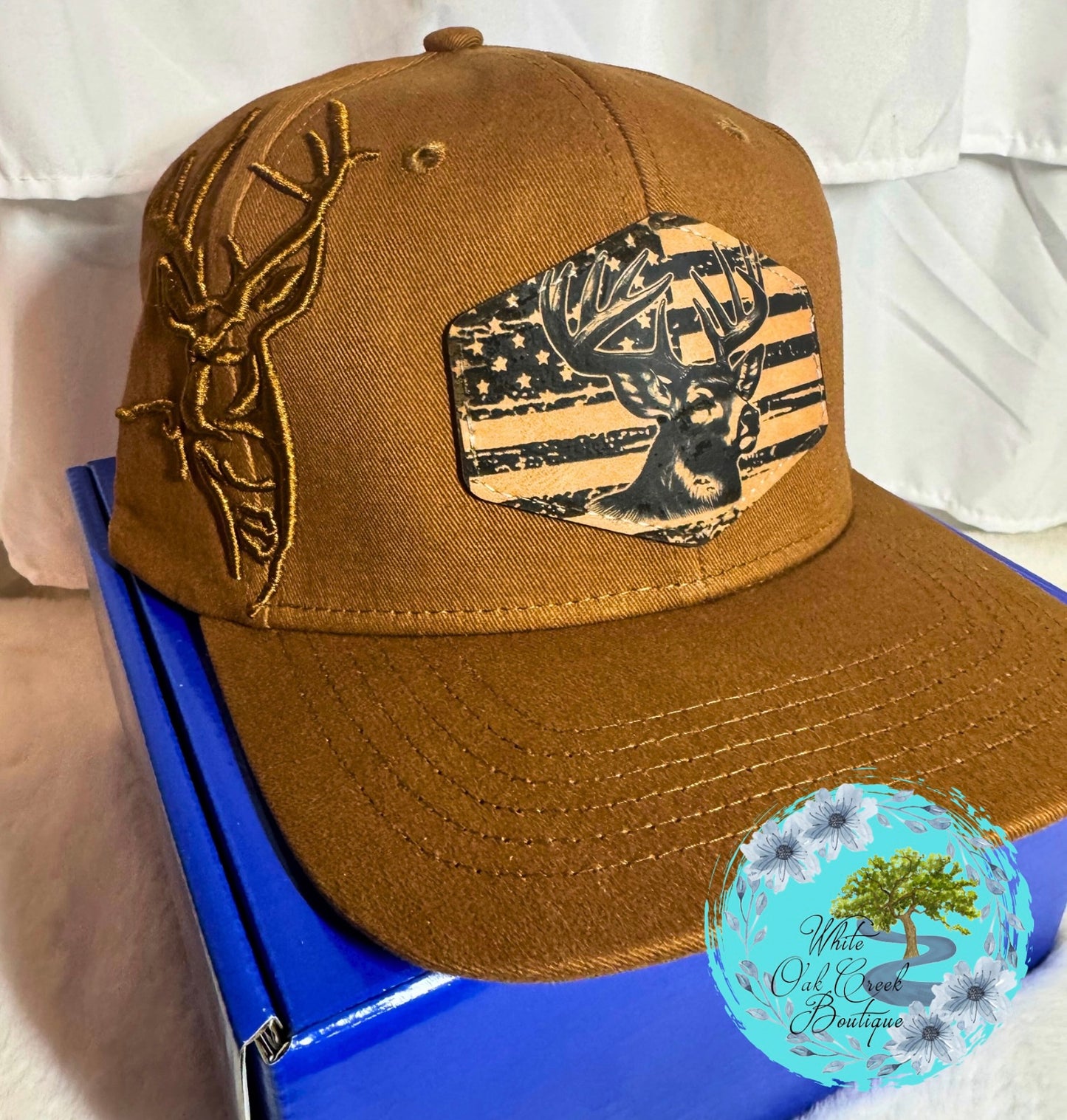 Deer Embroidered Lasered Faux Leather Patch Twill Trucker Hat