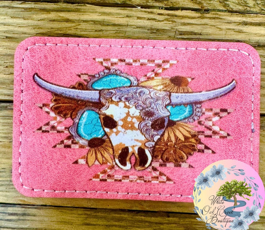 Pink Longhorn Bull Skull Faux Leather Trucker Hat Patch