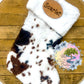 Personalized Sherpa Cow Print Christmas Stockings Laser Engraved Faux Leather Patch