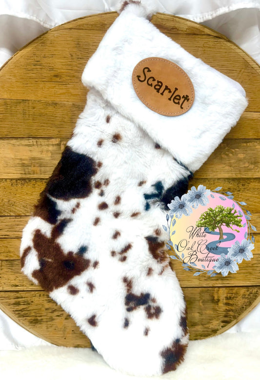 Personalized Sherpa Cow Print Christmas Stockings Laser Engraved Faux Leather Patch