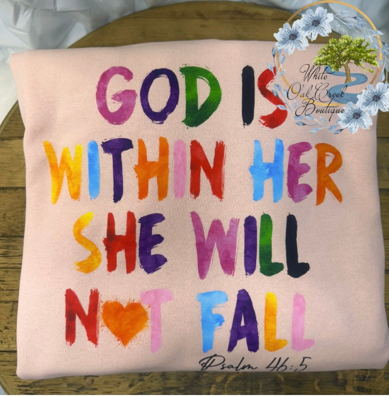 God Is Within Her She Will Not Fall Blush Pink Crewneck Sweatshirt