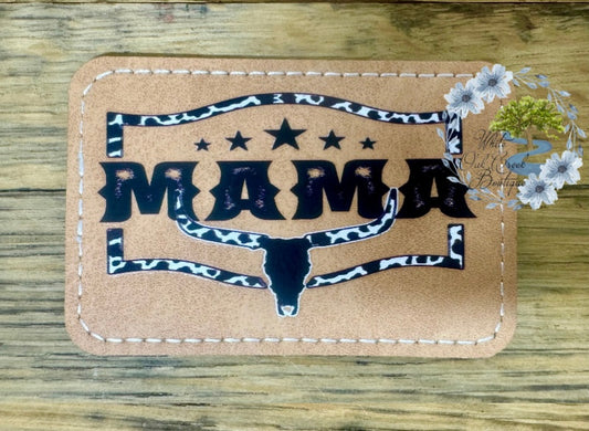 Mama Longhorn Cow Print Brown Faux Leather Trucker Hat Patch