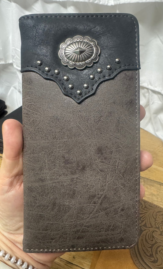 Leather Long Wallet Dark Gray with Concho