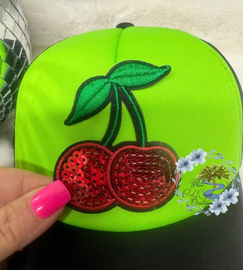 Sequin Red Cherry Medium Embroidered Hat Patch