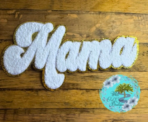 Mama White Chenille 9” Iron On Patch