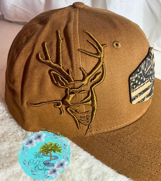 Deer Embroidered Lasered Faux Leather Patch Twill Trucker Hat