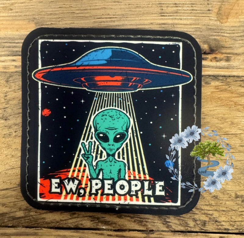 Alien UFO Ew People Faux Leather Trucker Hat Patch