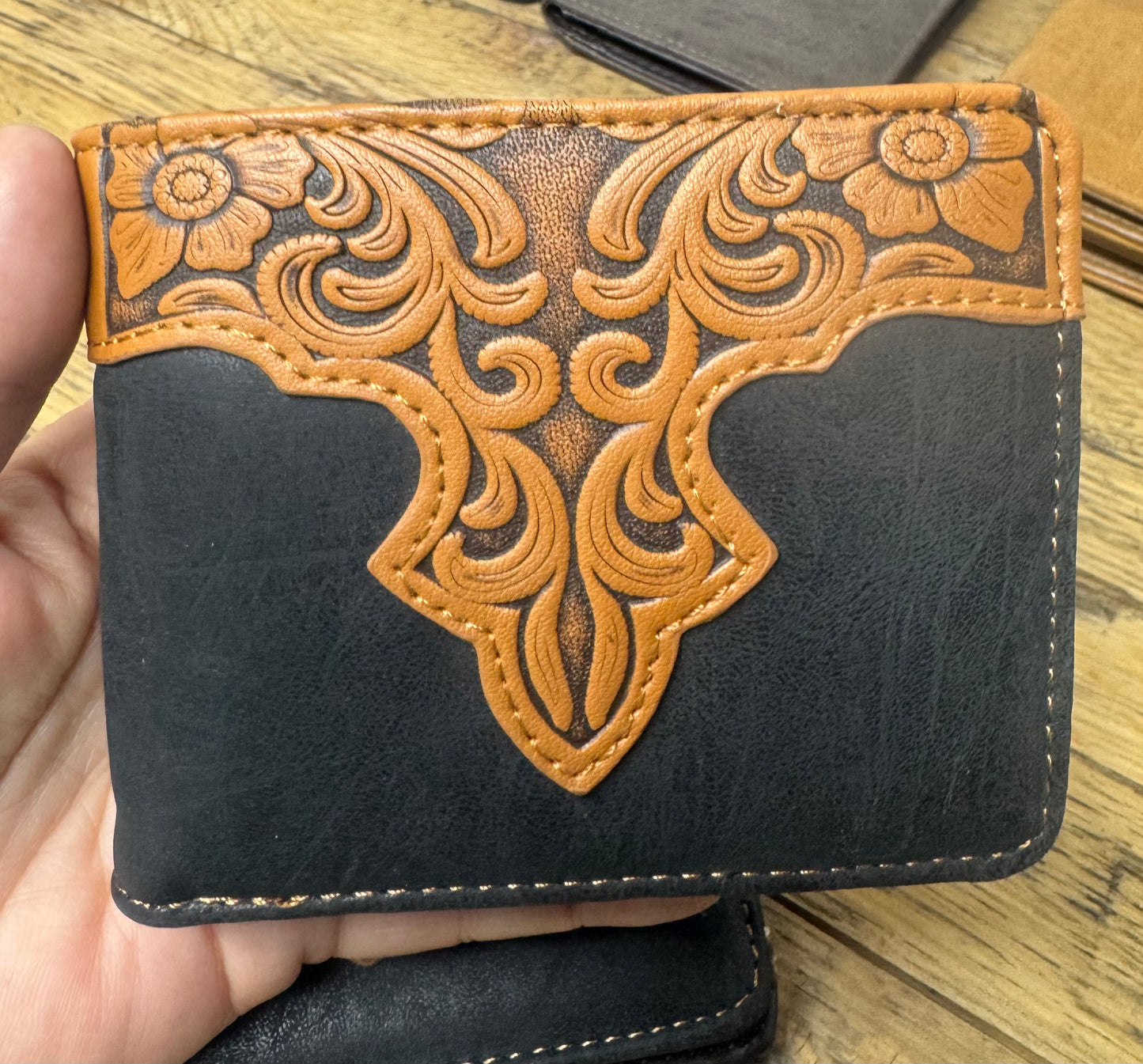 Leather Wallet Black with Tooled Scroll