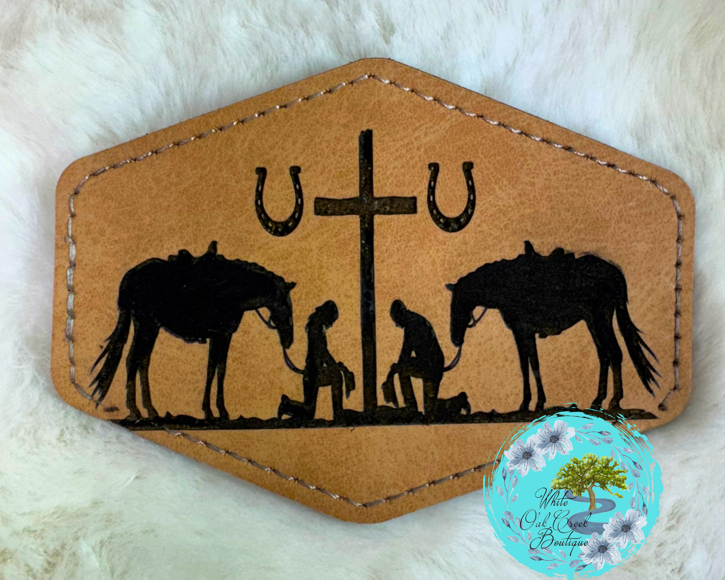 Cowboy & Horse Cross Hexagon Lasered Faux Leather Trucker Hat Patch