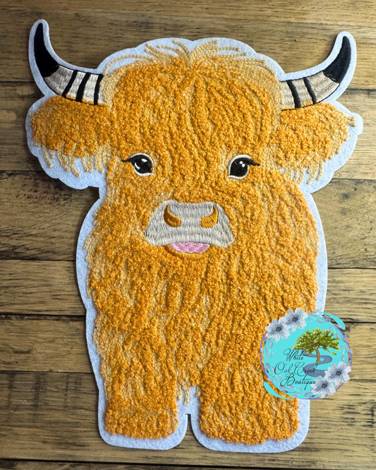 Large Highland Cow Chenille 10” Iron-on Patch