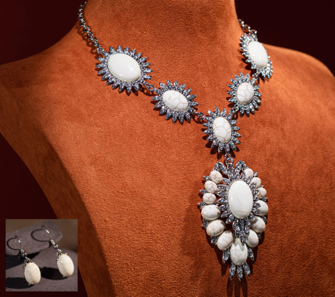 Rustic Couture Jewelry Set Bohemian White Pendant Necklace & Earrings