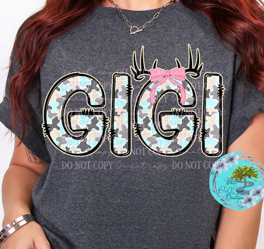 Gigi Camo Blue Deer Antlers Pink Bow T-Shirt