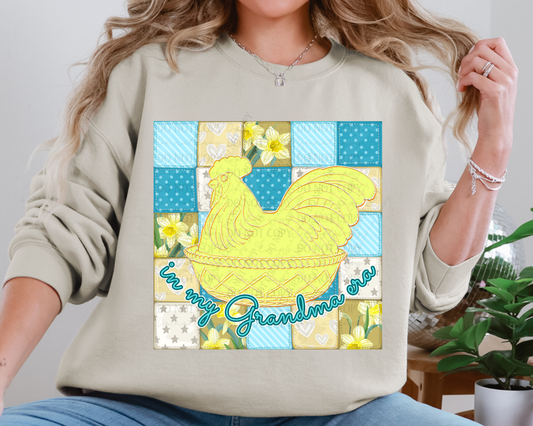 In My Grandma Era Sweatshirt Hens on a Nest Quilt