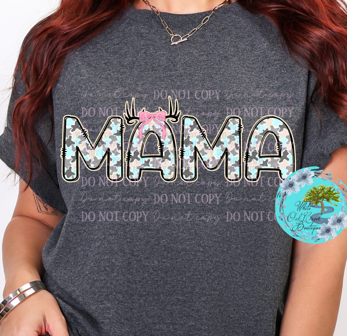 Mama Camo Blue Deer Antlers Pink Bow T-Shirt