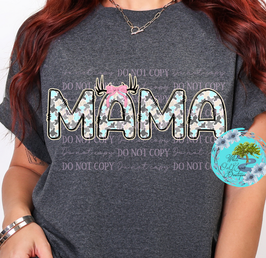 Mama Camo Blue Deer Antlers Pink Bow T-Shirt