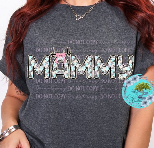 Mammy Camo Blue Deer Antlers Pink Bow T-Shirt
