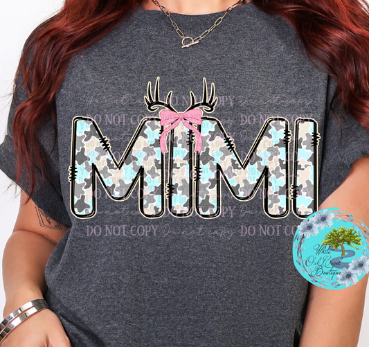 Mimi Camo Blue Deer Antlers Pink Bow T-Shirt