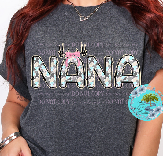 Nana Camo Blue Deer Antlers Pink Bow T-Shirt