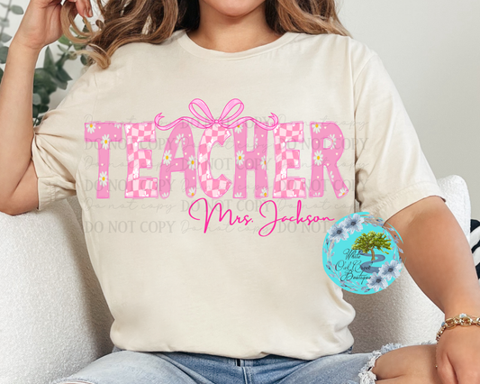 Teacher Pink Bow Personalized T-Shirt
